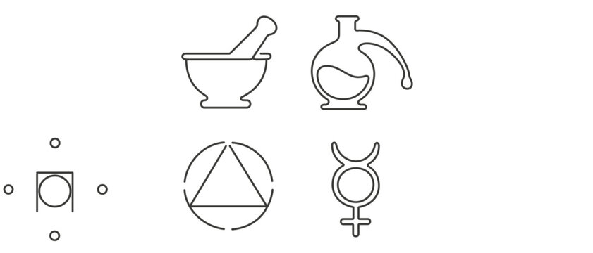 Alchemy Symbols Vector Icon Set with Editable Stroke: Mortar and Pestle, Glass Retort, Alchemical Circle, and Mercury Sign. Collection of 4 Minimalist Line Icons for Magic and Science Design.