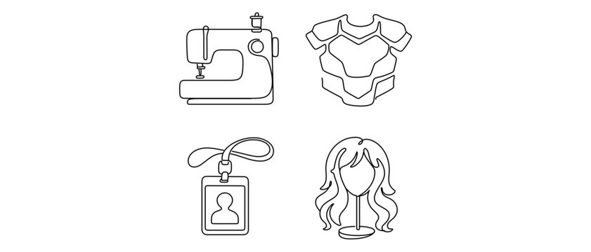 Cosplay Crafting and Costume Making Vector Icon Set with Editable Stroke. Collection of 4 Icons: Sewing Machine, Foam Armor Piece, Convention ID Badge, and Wig on Stand for DIY Hobbyists.