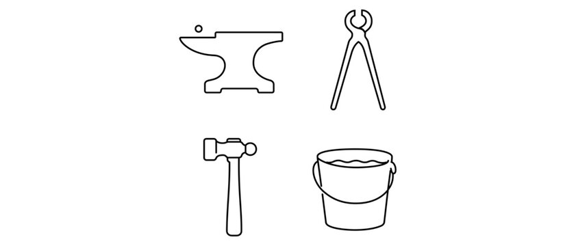 Blacksmithing and metalworking vector icon set collection of 4 minimalist line icons featuring a heavy iron anvil, forging tongs, ball-peen hammer, and quenching bucket for craft and restoration.