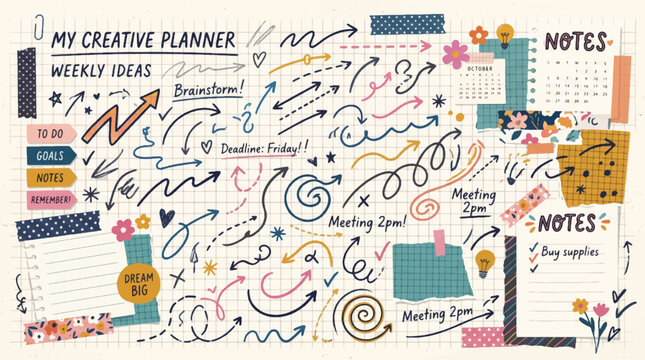 Weekly ideas creative planner template featuring colorful ink doodles meeting reminders calendar sections and decorative stationary elements for professional and personal organization on grid paper.