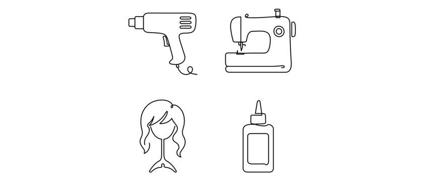 Cosplay Crafting and Restoration Vector Icon Set with 4 Icons Featuring a Heat Gun, Sewing Machine, Wig Stand, and Contact Cement Bottle. Minimalist Line Art with Editable Stroke for Design.