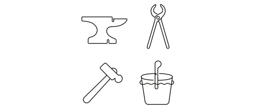 Blacksmithing and Metalworking Tools Vector Icon Set of 4 Icons Featuring Anvil, Forging Tongs, Ball-Peen Hammer, and Quenching Bucket, Minimalist Thin Line Design with Editable Stroke
