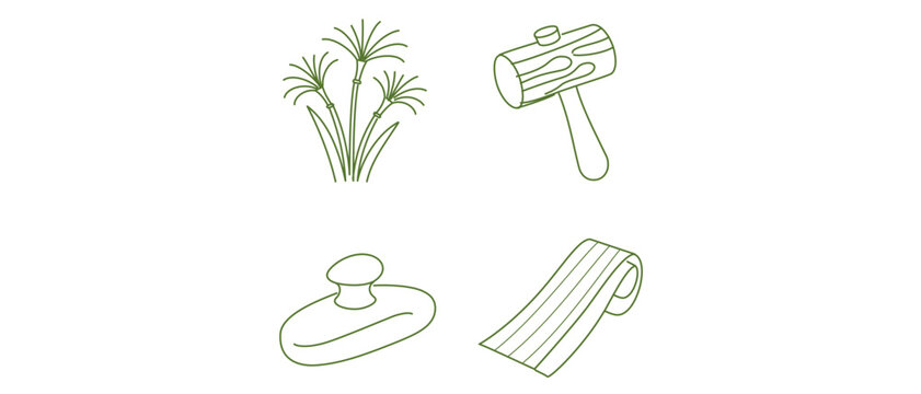 Papyrus Scroll Making Process Vector Icon Set with Editable Stroke. Includes Papyrus Stalks, Wooden Mallet, Smoothing Stone, and Linen Strip. Perfect for History, Writing, and Paleography.