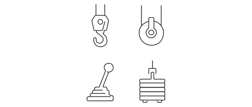 Professional vector icon set featuring 4 minimalist line icons for skyscraper construction and crane operation: crane hook, mechanical pulley, operator control lever, and heavy counterweight.
