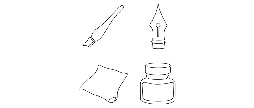 Writing and Paleography Vector Icon Set of 4 Minimalist Single Line Art Icons with Editable Stroke: Oblique Pen Holder, Pointed Nib, Blotting Paper, and Ink Bottle for Calligraphy and Lettering.