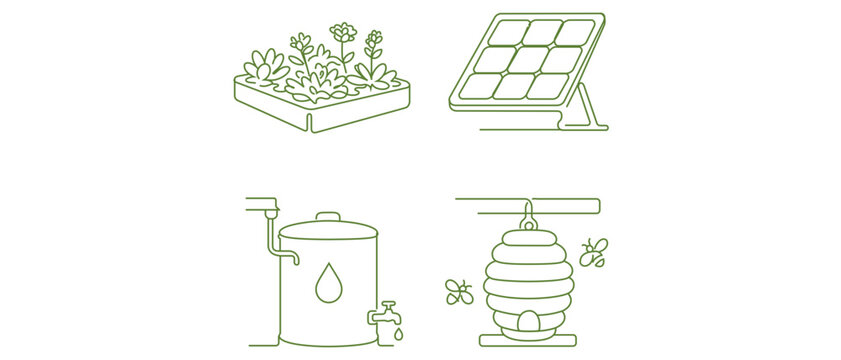 Sustainable Architecture and Urban Design Vector Icon Set of 4 Icons featuring Green Roof Sedum Tray, Solar Panel, Rainwater Cistern, and Beehive. Minimalist Line Art with Editable Stroke.