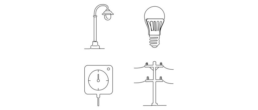 Urban Street Lighting and Electricity Vector Icon Set of 4 Icons with Editable Stroke featuring Lamppost, LED Bulb, Timer Switch, and Utility Pole for Architecture and Infrastructure Design.
