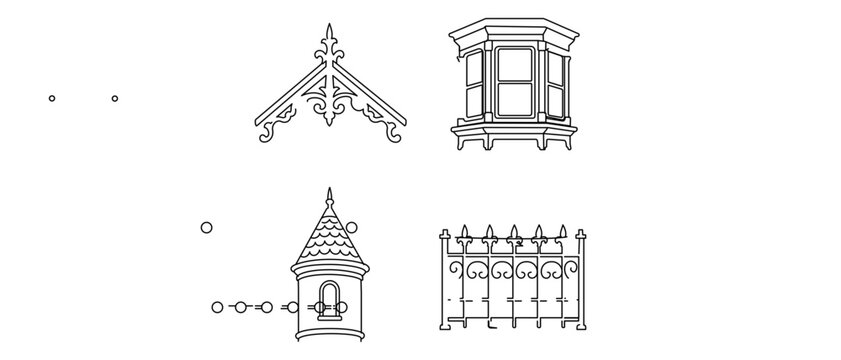 Victorian Architecture Elements Vector Icon Set with Editable Stroke: Collection of 4 Line Icons featuring Gingerbread Trim, Bay Window, Turret Tower, and Wrought Iron Fence for Urban Design.