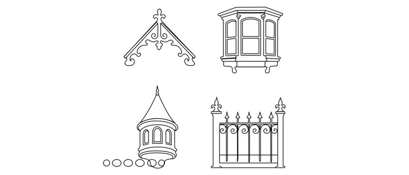 Victorian Architecture Vector Icon Set of 4 Elements: Gingerbread Trim, Bay Window, Turret, Wrought Iron Fence. Editable Stroke Line Art for Historic Home Design and Urban Planning Projects.