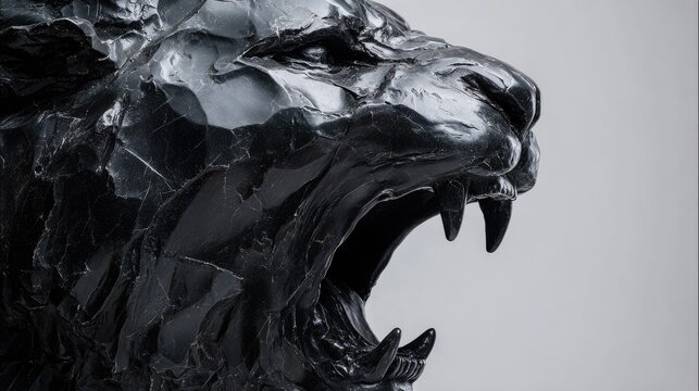 Black stone lion head, open mouth, fierce