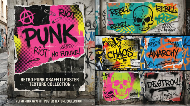 Collection of gritty, distressed punk rock graffiti posters featuring skull, anarchy symbol, and bold text for edgy design.