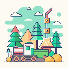 Fototapeta premium Train and Crane in a Stylized Forest Landscape