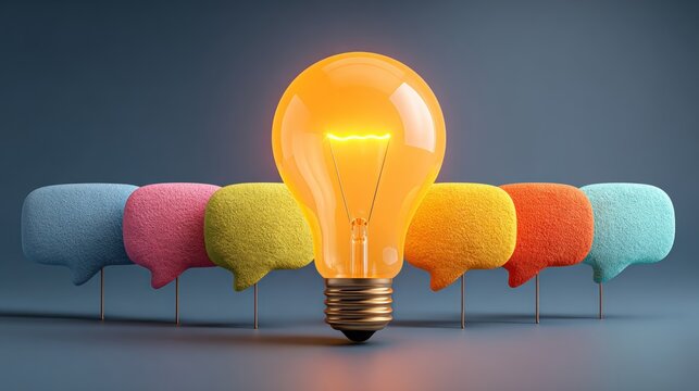 Glowing light bulb with colorful speech bubbles on gray background