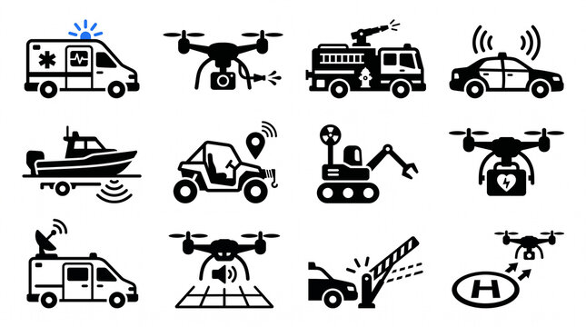  Autonomous emergency response and rescue vehicle icon set &ndash; 4x3 flat monochrome vector grid on white background for self-driving first responder fleets