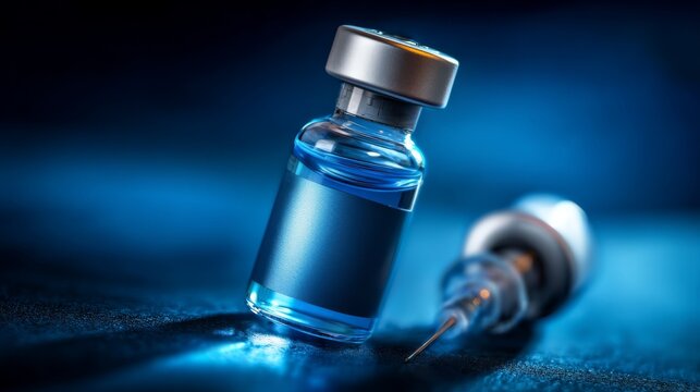 Close-up of a blue vaccine vial with a syringe in a blue and dark background.
