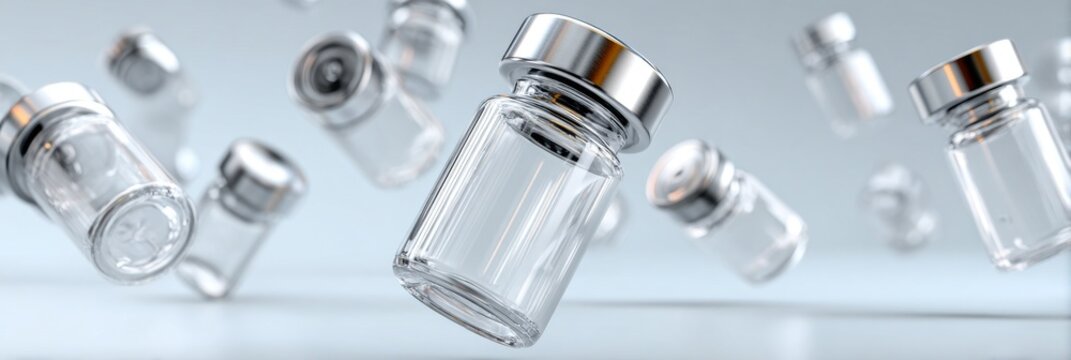Floating glass vials with metallic caps on a soft blue background.