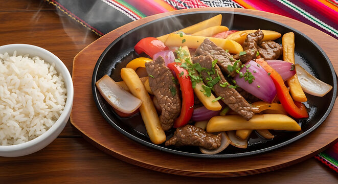 Lomo saltado features stir-fried beef with onions, tomatoes, and french fries served on a sizzling hot plate.