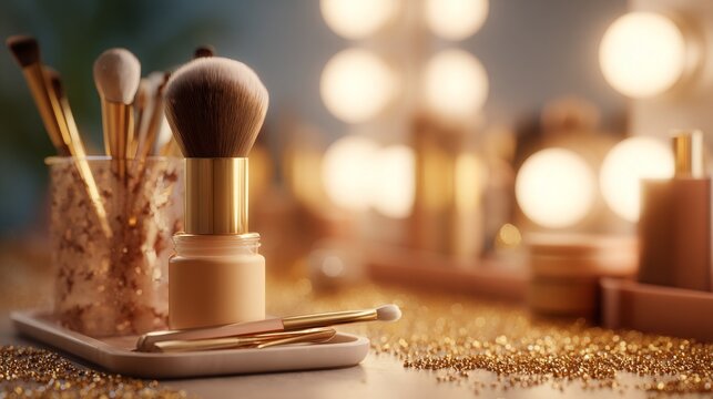 Makeup essentials with brushes and glittery decor on a vanity table.