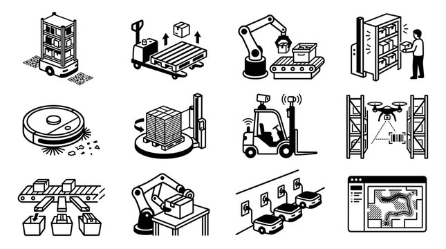 Autonomous warehouse and fulfillment center robot icon set &ndash; 3x4 flat monochrome vector grid on white background for self-driving logistics automation