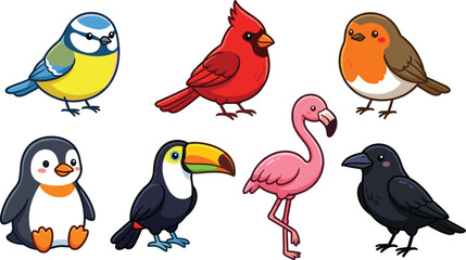 Fototapeta premium Cute Birds Collection Vector Set with Penguin Flamingo Toucan Cardinal Robin and Crow Cartoon Animal Illustrations Isolated on White Background