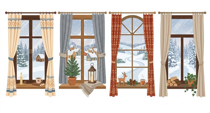 Winter window set vector cozy hygge snow view illustration home interior isolated on white background