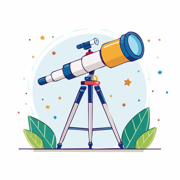 Cartoon Telescope on Tripod with Stars and Leaves