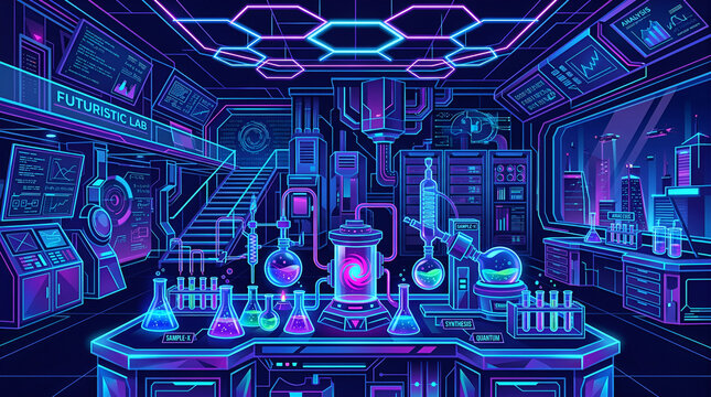 Futuristic laboratory interior with neon lights and various scientific equipment