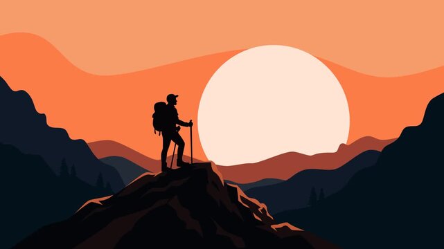 A lone hiker stands atop a rugged mountain peak against a glowing sunset sky. Layered hills and warm tones create a peaceful yet adventurous scene of exploration and freedom in nature.