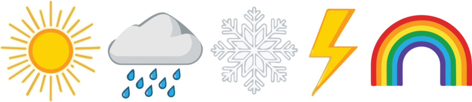Colorful weather icons representing sun rain snowflake lightning and rainbow isolated on a simple white background for meteorological forecast design