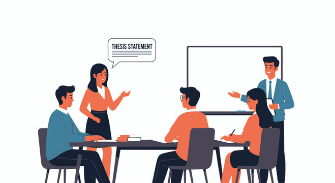 Diverse team brainstorming thesis statement ideas at a meeting table with whiteboard