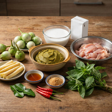Raw chicken pieces with green curry paste, fresh green eggplants, bamboo shoots, red chili peppers, basil leaves, coconut milk, fish sauce, and brown sugar arranged on wooden table for cooking ingredi