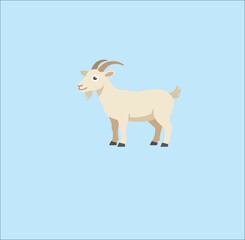 Obraz premium Art & Illustration Flat vector illustration of a walking goat with curved horns on a light blue background. Minimalist cartoon farm animal design, clean and simple, ideal for agriculture, education, a
