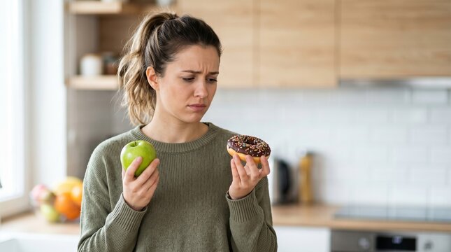 Woman choosing between healthy apple and sweet donut, diet decision, nutrition choice and self control concept at home kitchen