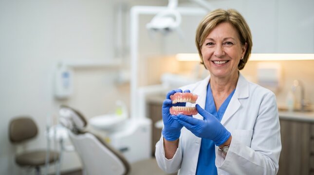 Smiling dentist holding dentures in clinic, dental care concept, prosthetics and oral hygiene treatment in modern office
