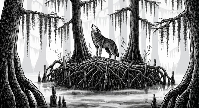 A lone wolf howls mournfully under a desolate sky, standing atop gnarled roots in a dark, mysterious, and atmospheric swamp forest.