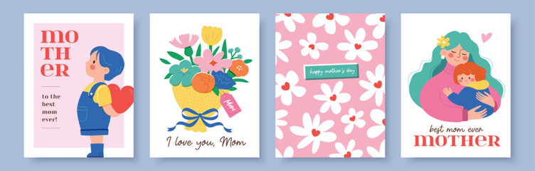 Set of Mother's Day greeting card, poster, cover, banner, vector illustration with flowers, mother and kids. © LittleWhale