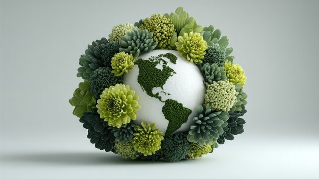 Green earth globe with world map surrounded by flower wreath