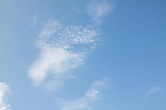 Gentle cloud clusters dispersed across a clear blue sky, forming a subtle textured pattern. Bright daylight scene with soft tones and spacious atmosphere, ideal for clean backgrounds.