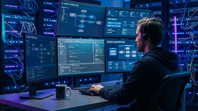 Focused Programmer Working on Complex Computer Code in Server Room.