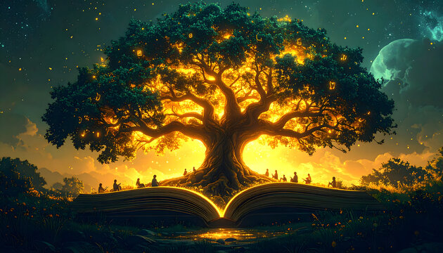 Magical surreal illustration of a giant glowing knowledge tree growing from an open book with tiny readers sitting beneath golden light, education and wisdom concept art