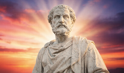 Fototapeta premium Ancient Philosopher Bust against a Dramatic Sunset Sky with Radiant Light Beams, Symbolizing Wisdom, Classical Thought, and Enlightenment