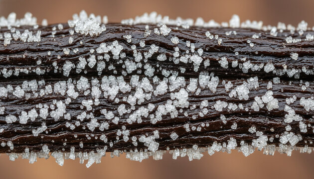 Premium aged Madagascar vanilla bean pod with sparkling vanillin frost crystals