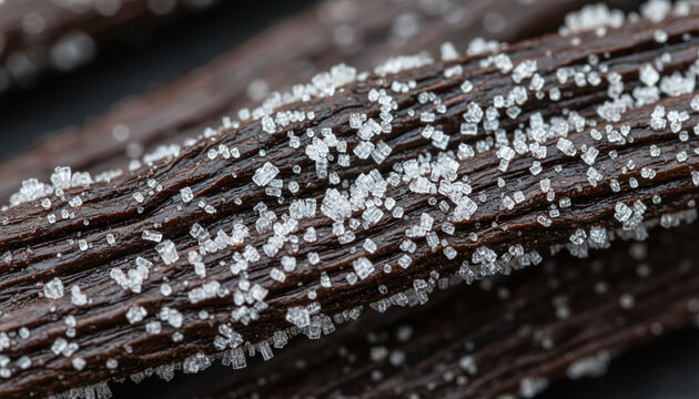 Premium aged Madagascar vanilla bean pod with sparkling vanillin frost crystals