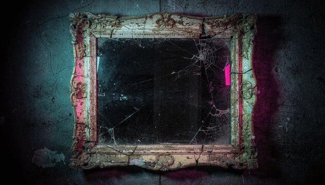 Aged baroque ornamental mirror with shattered glass and cobwebs. Grungy, dark wall in background with vibrant pink and teal light accents