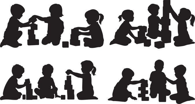 Child Kneeling and Playing with Building Blocks Silhouette, black and white silhouette, vector and illustration