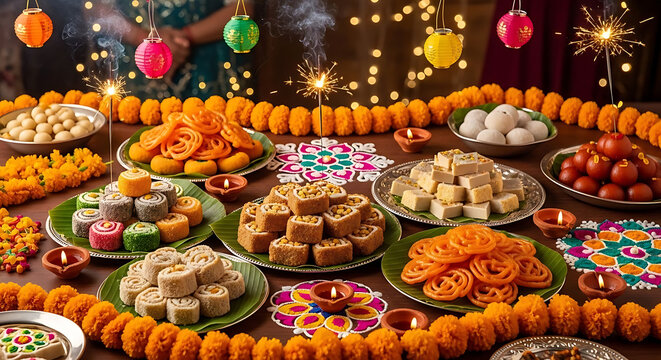 Traditional Indian sweets are arranged beautifully on a table to celebrate the festive season of Diwali.