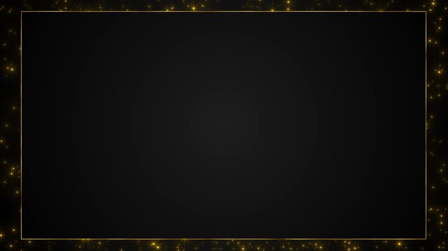 Gold sparkle border copy space with black center, thin golden frame, and glitter star edges. Perfect for luxury titles, wedding videos, award screens, invitations, and elegant overlays.