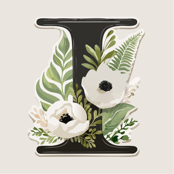 Letter I with White Anemone Flowers and Green Leaves