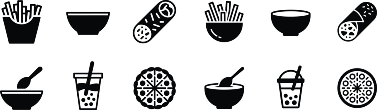 Collection of black and white icons representing fast food and drinks with french fries bubble tea drink icons icon set takeaway beverage appetizer restaurant template