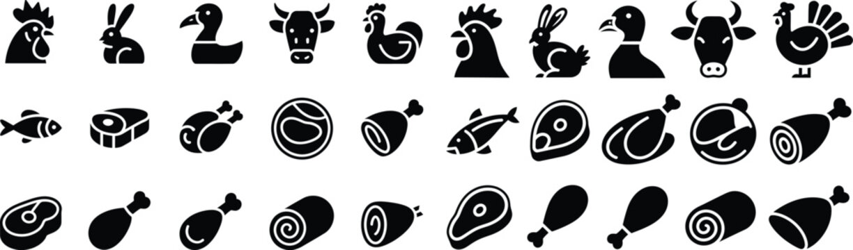 Collection of farm animal and meat icons: poultry livestock cuts of meat food industry meat cut animal icon livestock drumstick butchery silhouette illustration